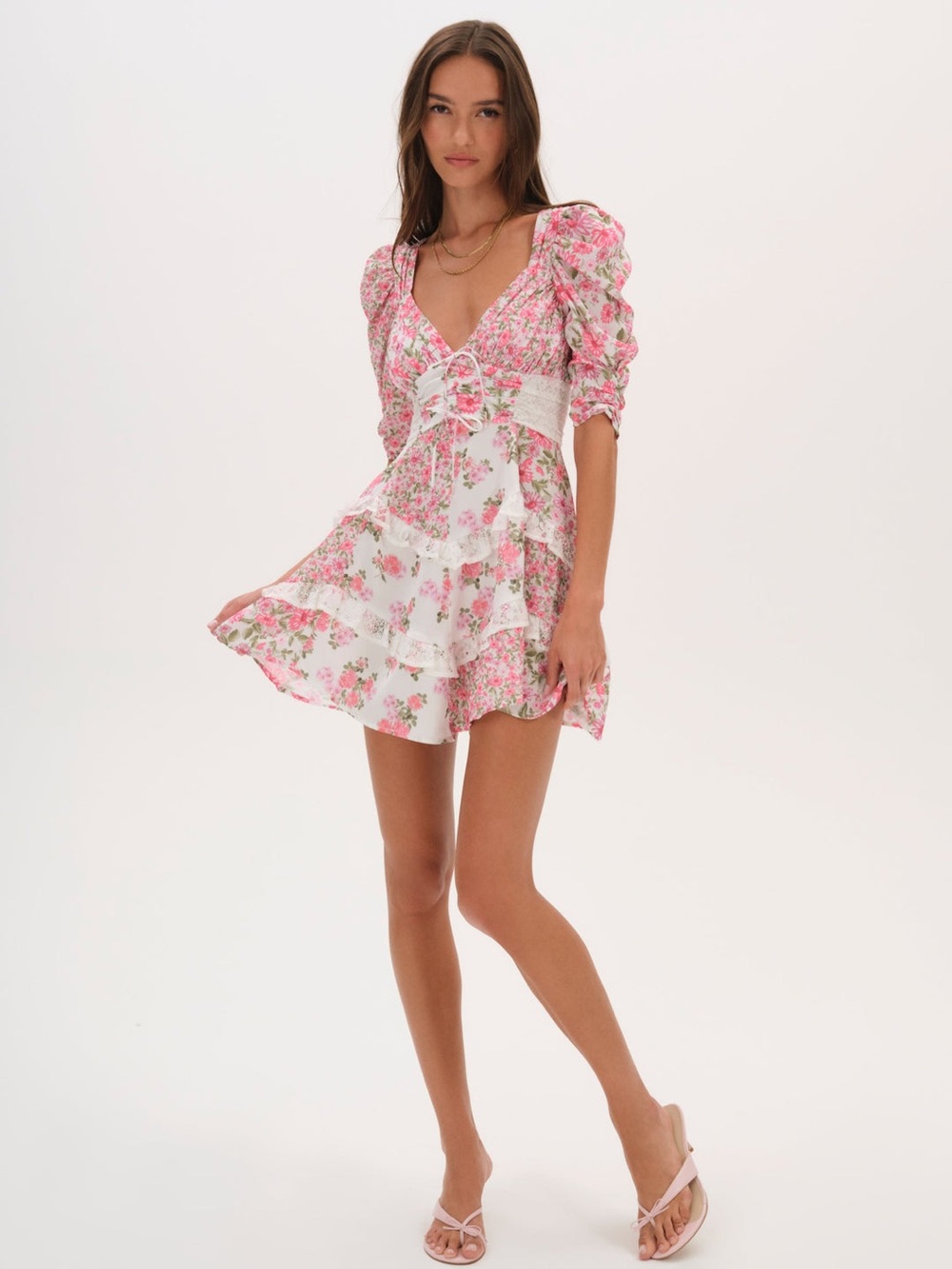 Floral Pink Tiered Mini Dress with Puff Sleeves